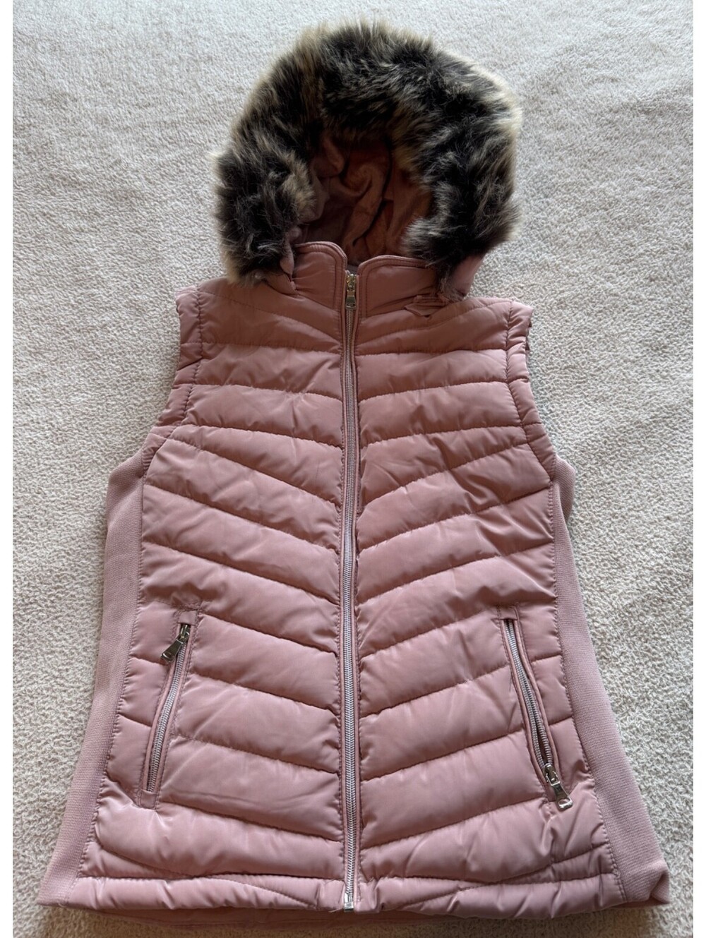YMI Dusty Pink Puffer Vest Removable Faux Fur Hood Women's Small Full Zip